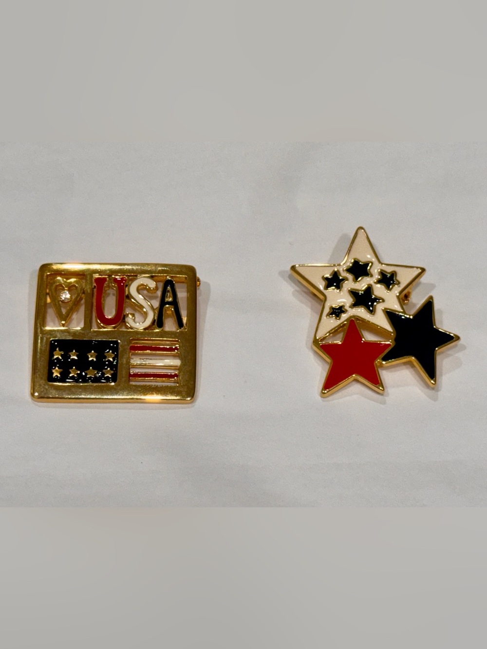 VTG Patriotic Enamel Pin Lot (2) Gold Tone USA Star Flag Americana